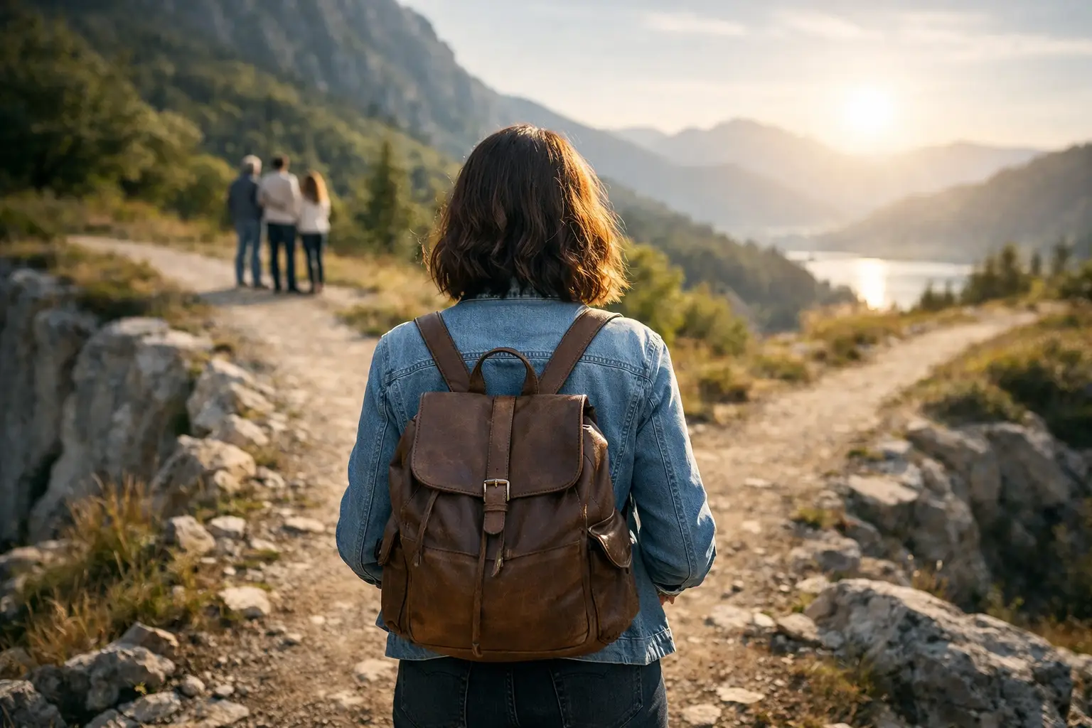 Mulher caminhando em trilha nas montanhas
